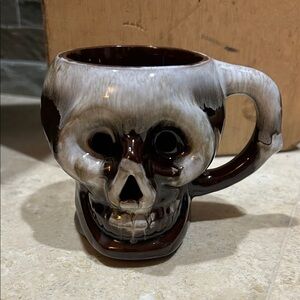 vintage NANCO ceramic skull mug with a brown and white drip glaze